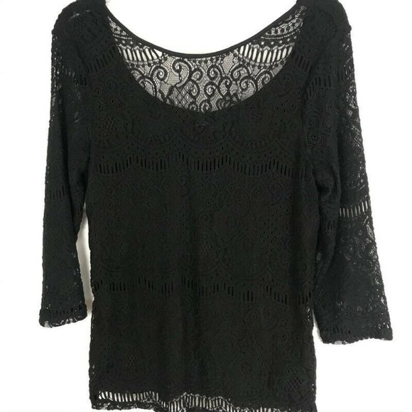 Andrianna Papell Womens Shirt Size Medium M Black Lace 3/4 Sleeve Blouse NEW - Picture 4 of 8